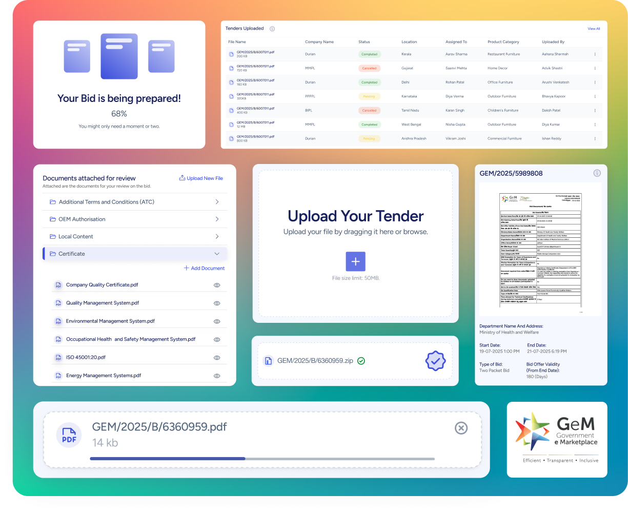 BidBuddy dashboard showing tender documents, upload panel, and bid progress
