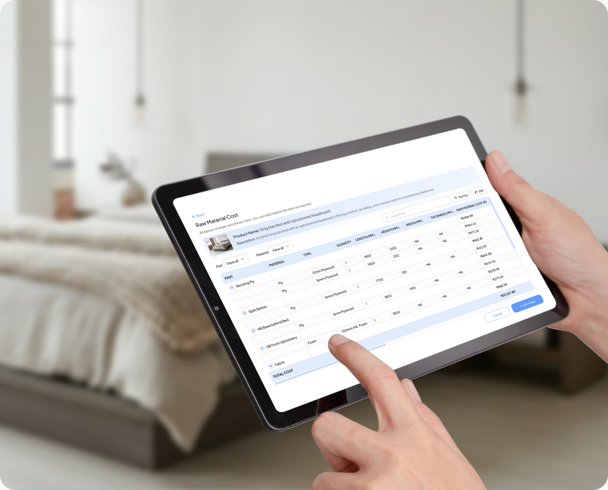 Hand holding a tablet showing the QuoteBuddy raw material cost breakdown