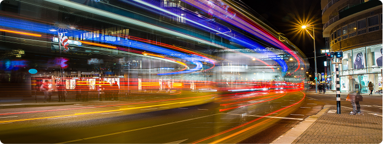 Light trails from fast-moving traffic at night